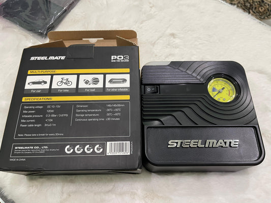 Steelmate PO3 Portable Tire Inflator – 12V Car Air Compressor Pump with Analog Pressure Gauge