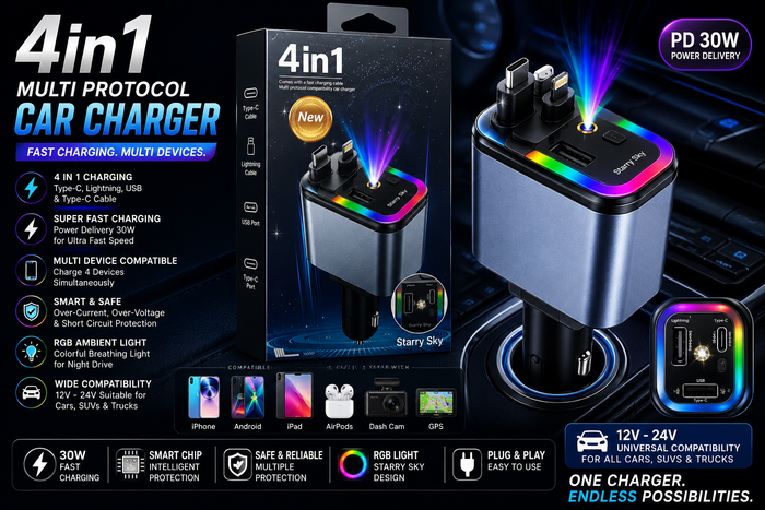 4 in 1 Fast Car Charger – PD 30W Type-C, Lightning & USB