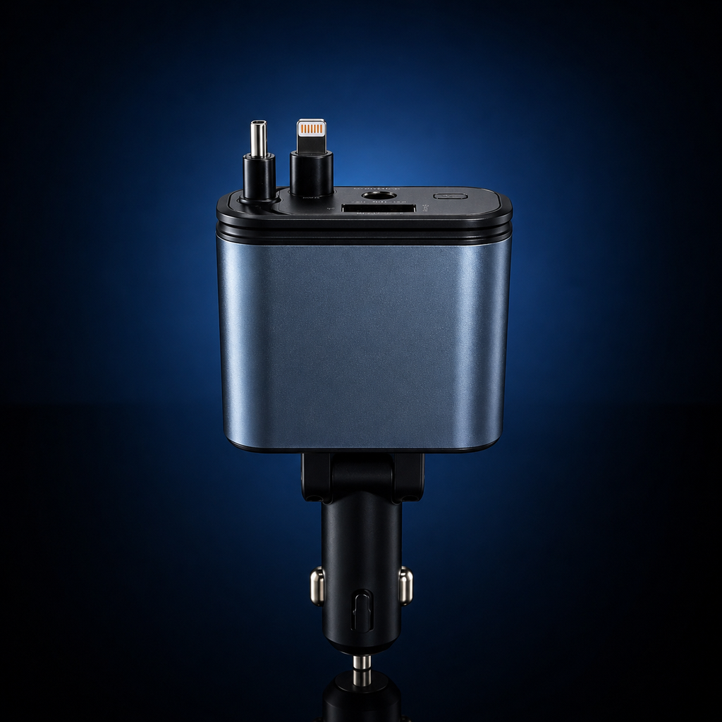 4 in 1 fast car charger front view with built-in Type-C and Lightning cables