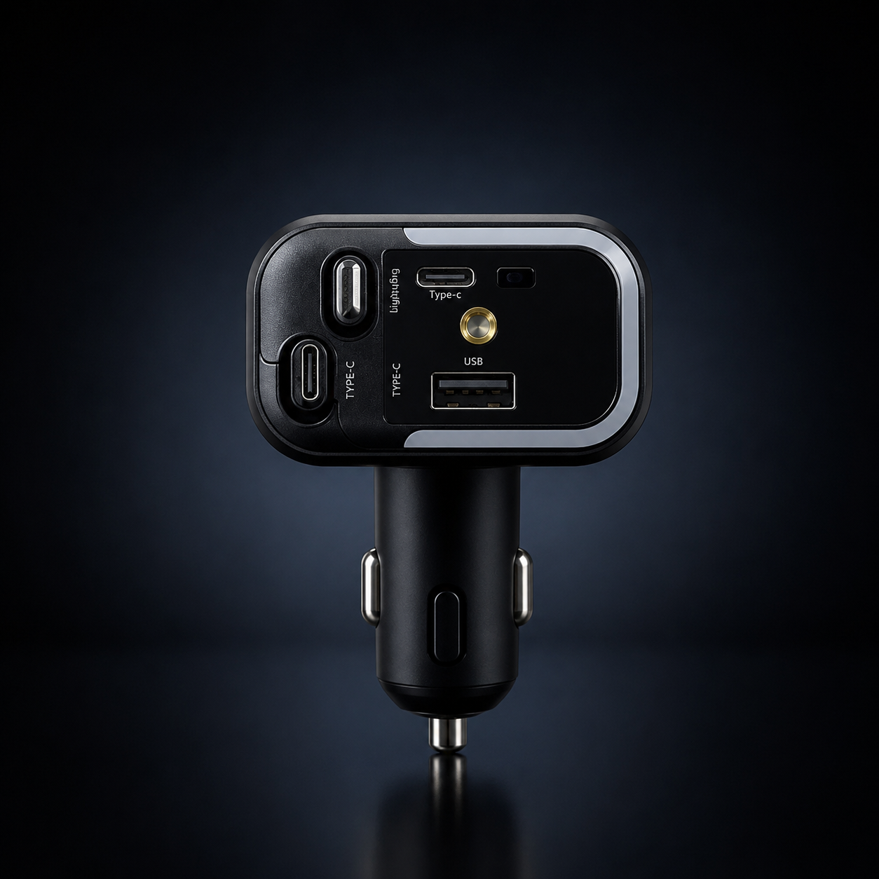 4 in 1 fast car charger ports view showing USB, Type-C, Lightning and built-in cable connections