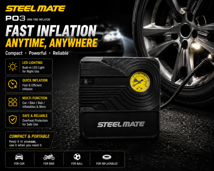 Steelmate P03 12V Portable Tyre Inflator Air Compressor Pump