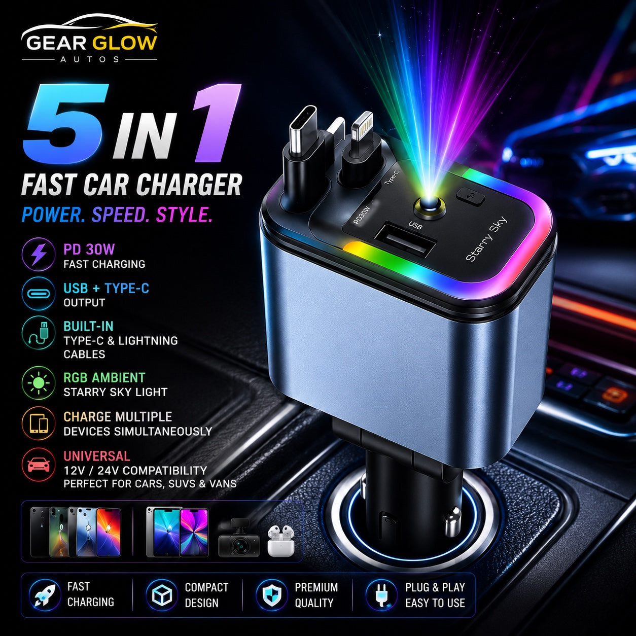 Gear Glow Autos 5 in 1 fast car charger PD 30W USB Type-C Lightning cable RGB light
