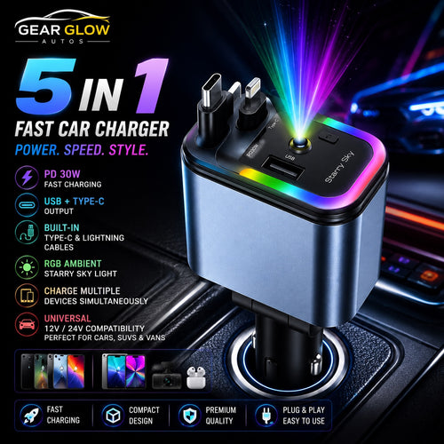 Gear Glow Autos 5 in 1 fast car charger PD 30W USB Type-C Lightning cable RGB light