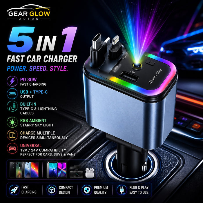 5 in 1 Fast Car Charger – PD 30W USB Type-C & Lightning Cable