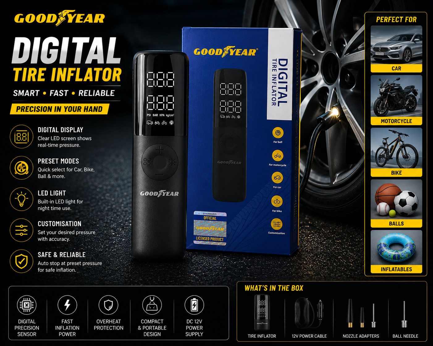 Goodyear 12V Digital Tyre Inflator Air Compressor with Auto Cut Off