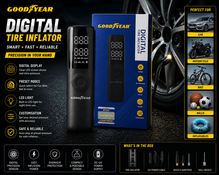 Goodyear 12V Digital Tyre Inflator Air Compressor with Auto Cut Off