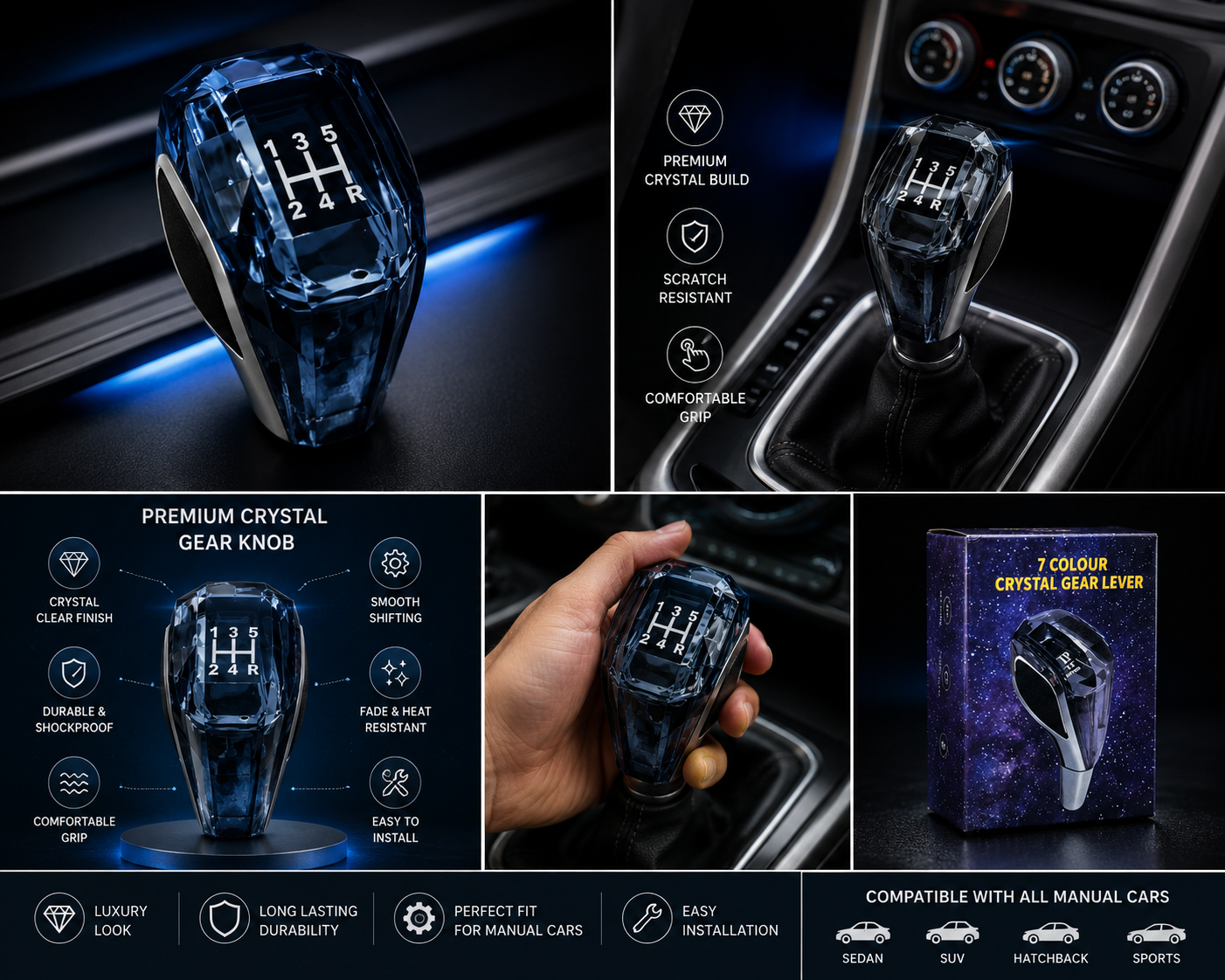7 Color LED Crystal Gear Shift Knob Universal Car Interior Upgrade