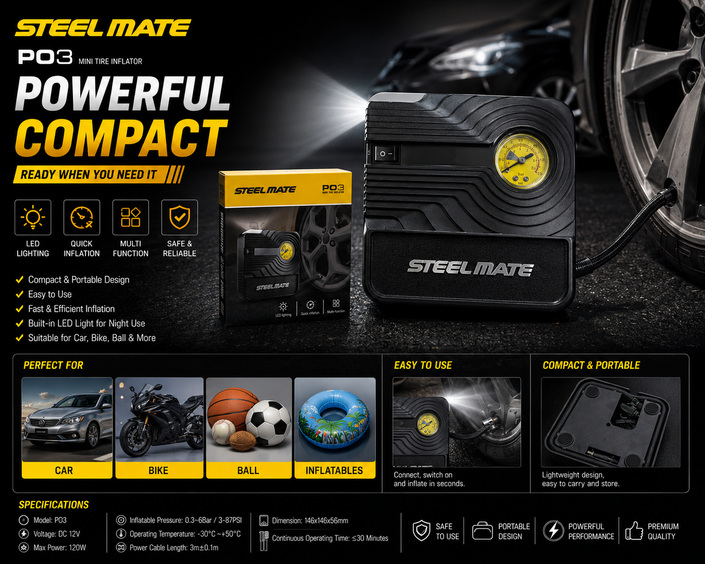 Steelmate P03 12V Portable Tyre Inflator Air Compressor Pump