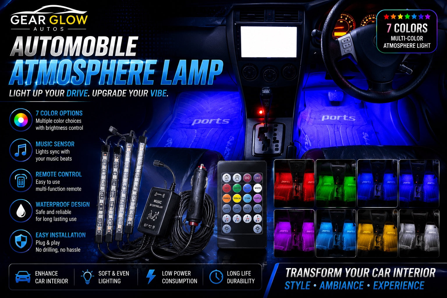 Gear Glow Autos 4 piece car atmosphere lights remote control interior LED lamp