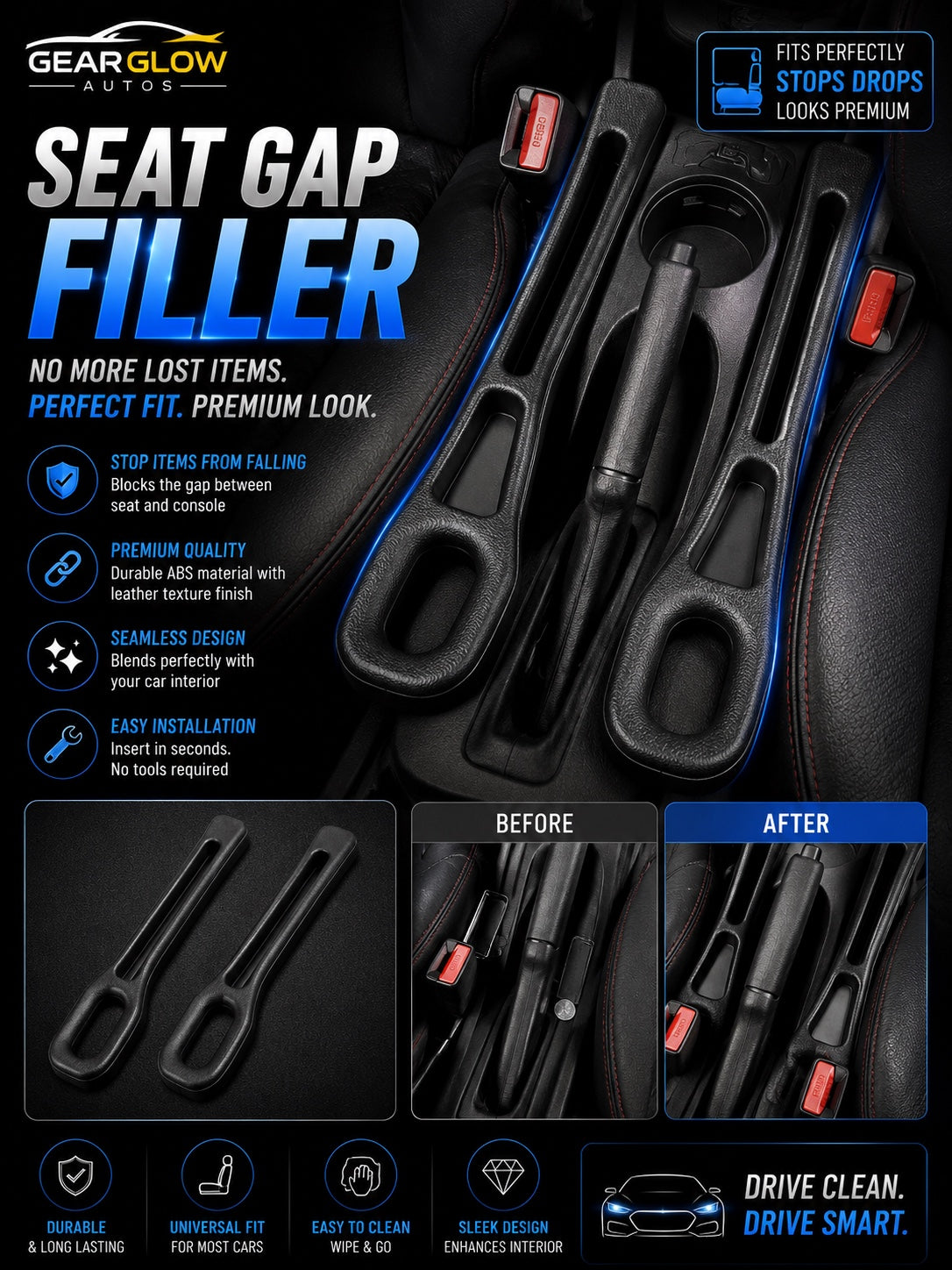 Gear Glow Autos Car Seat Gap Filler universal fit premium car interior accessory