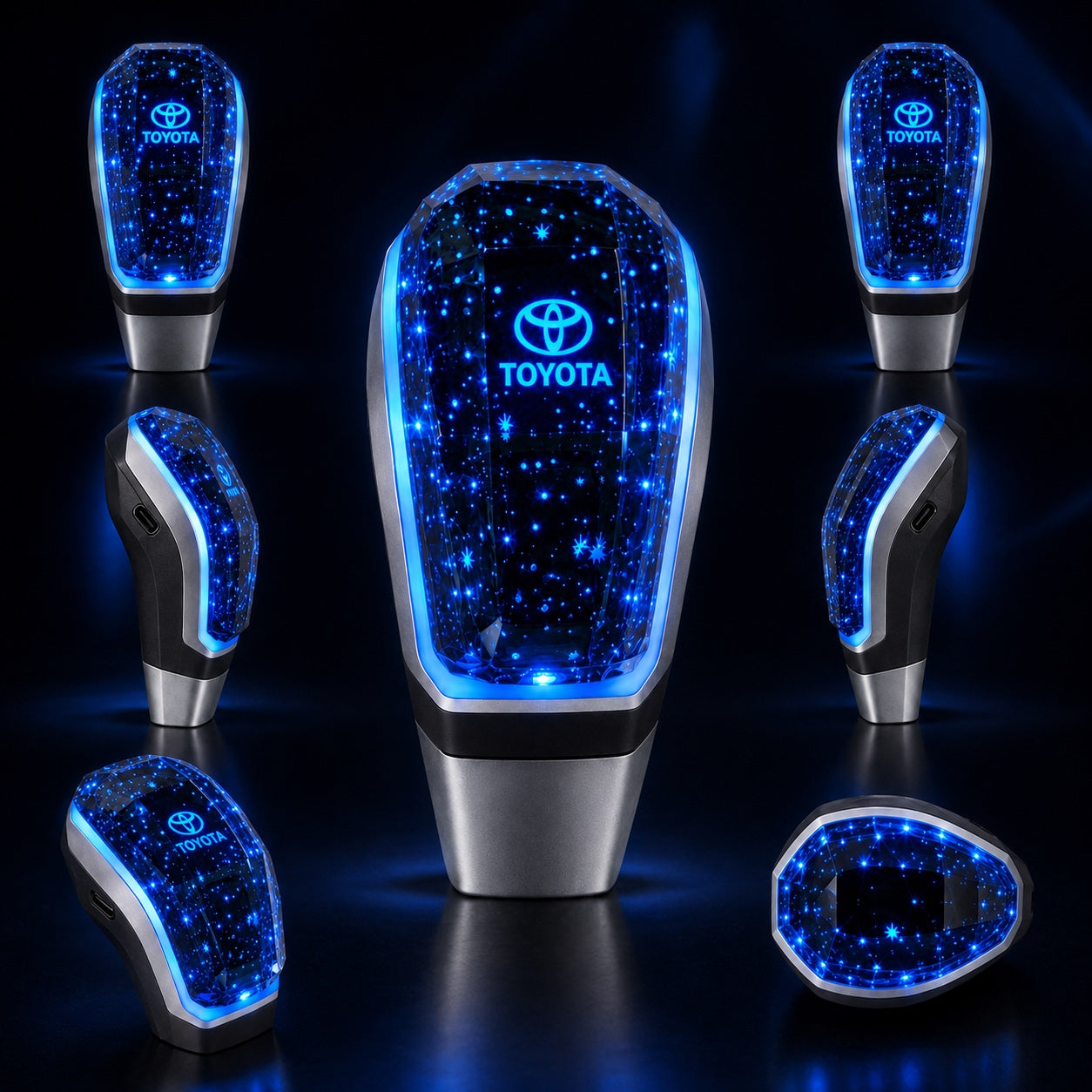 Toyota crystal LED gear shift knob shown from multiple angles including Type-C charging port