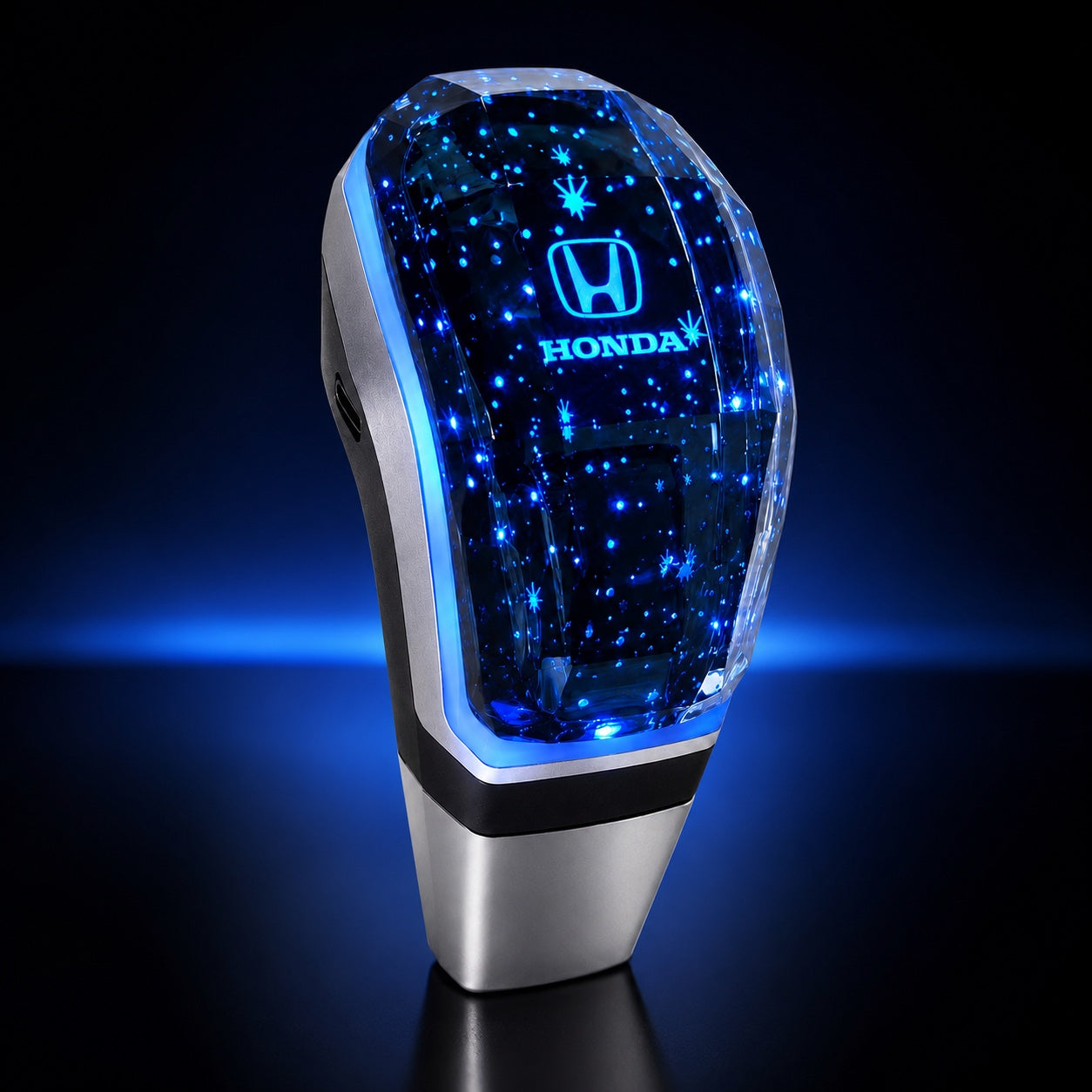 Honda crystal LED gear shift knob with blue illumination on a premium dark background