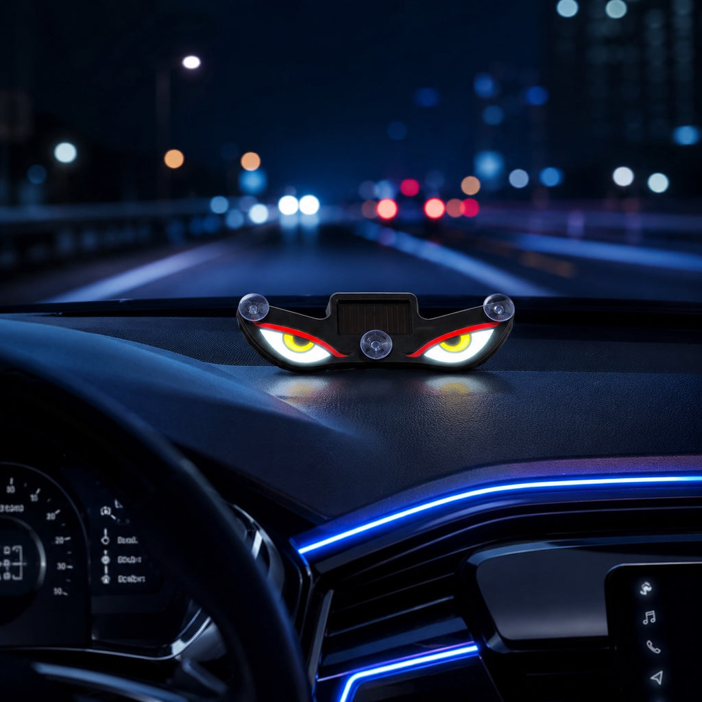 Solar evil eye LED light displayed on a modern car dashboard during night driving