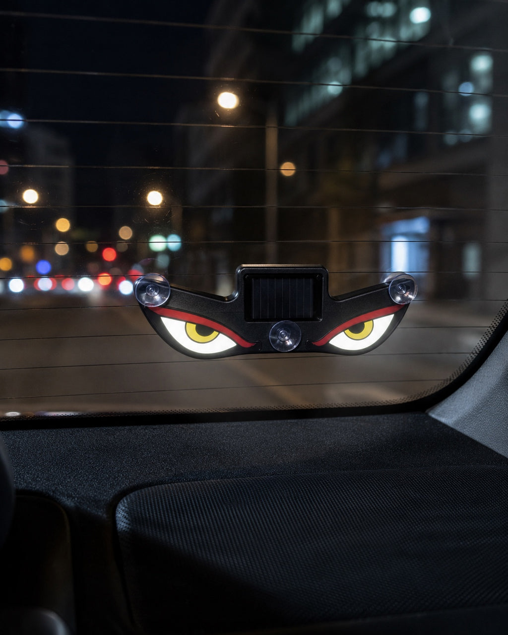 Illuminated solar evil eye warning light installed on a car rear windshield at night
