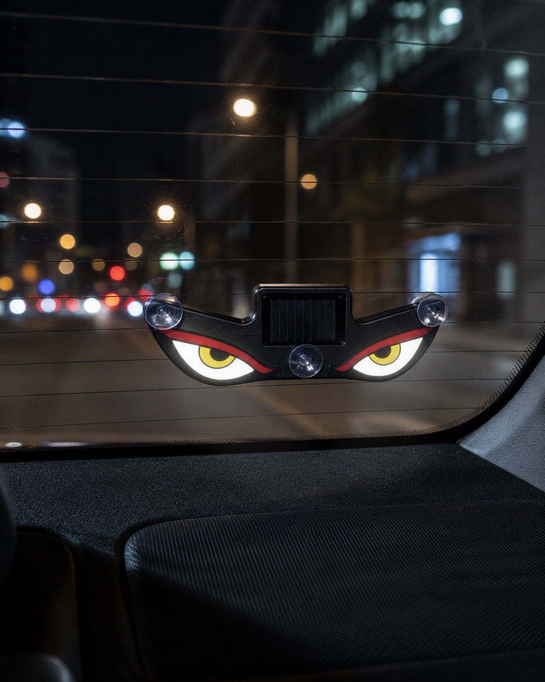 Illuminated solar evil eye warning light installed on a car rear windshield at night