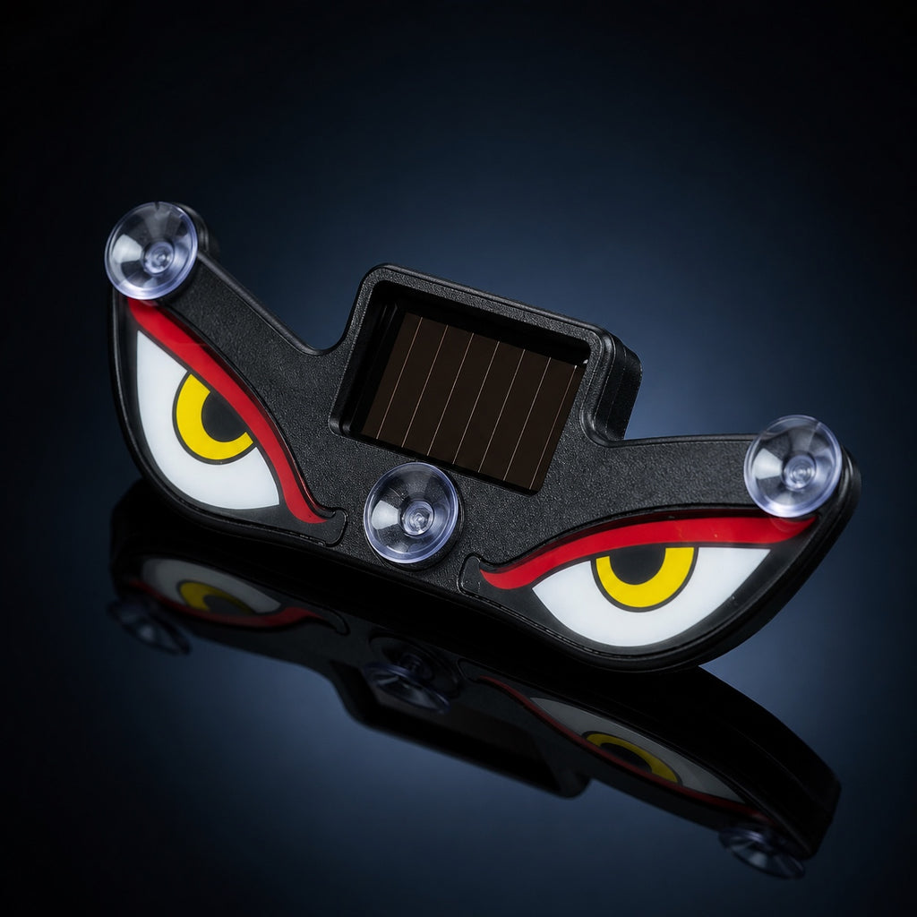 Solar evil eye car warning light shown from a premium 45 degree studio angle