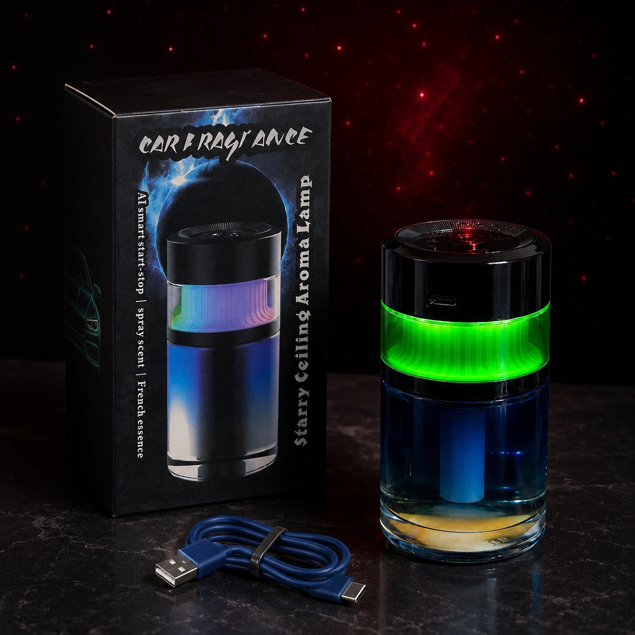 Rechargeable starry sky car aroma diffuser with RGB light, retail box and USB-C charging cable