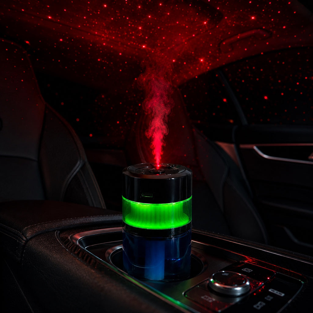 Starry sky car aroma diffuser with red ceiling projection and green ambient light inside a car