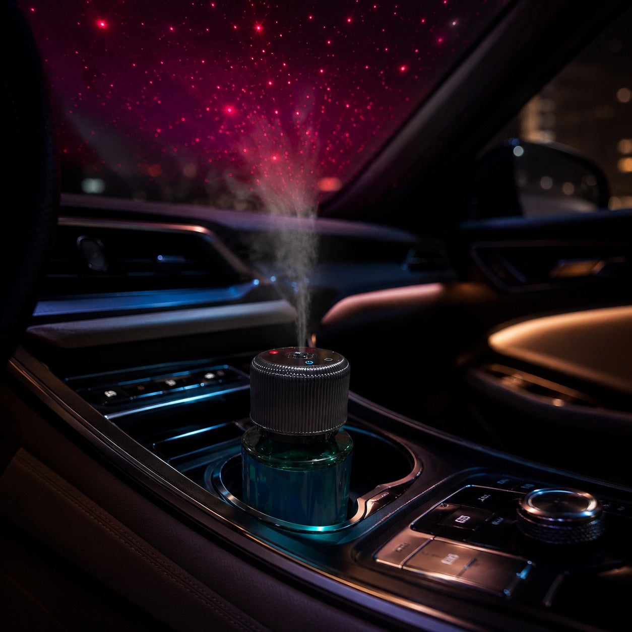 Starry sky car fragrance diffuser operating inside a luxury car interior