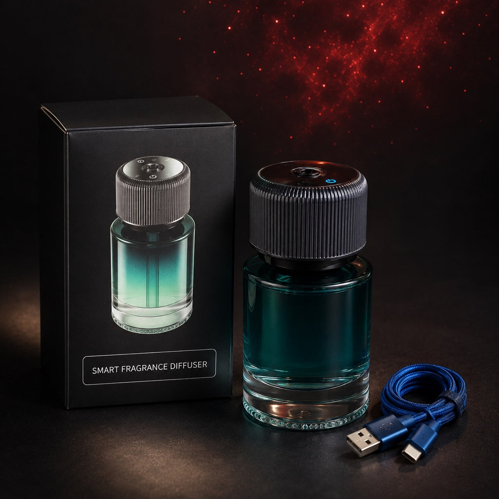 Smart fragrance diffuser with retail box and USB-C charging cable