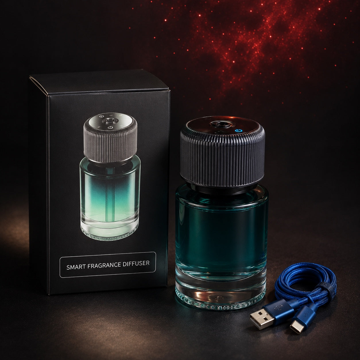 Smart fragrance diffuser with retail box and USB-C charging cable
