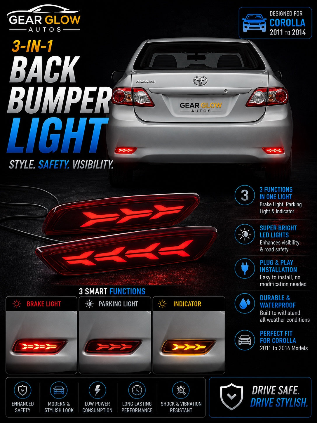 Toyota Corolla back bumper light 2011 to 2014 3 in 1 brake parking indicator light