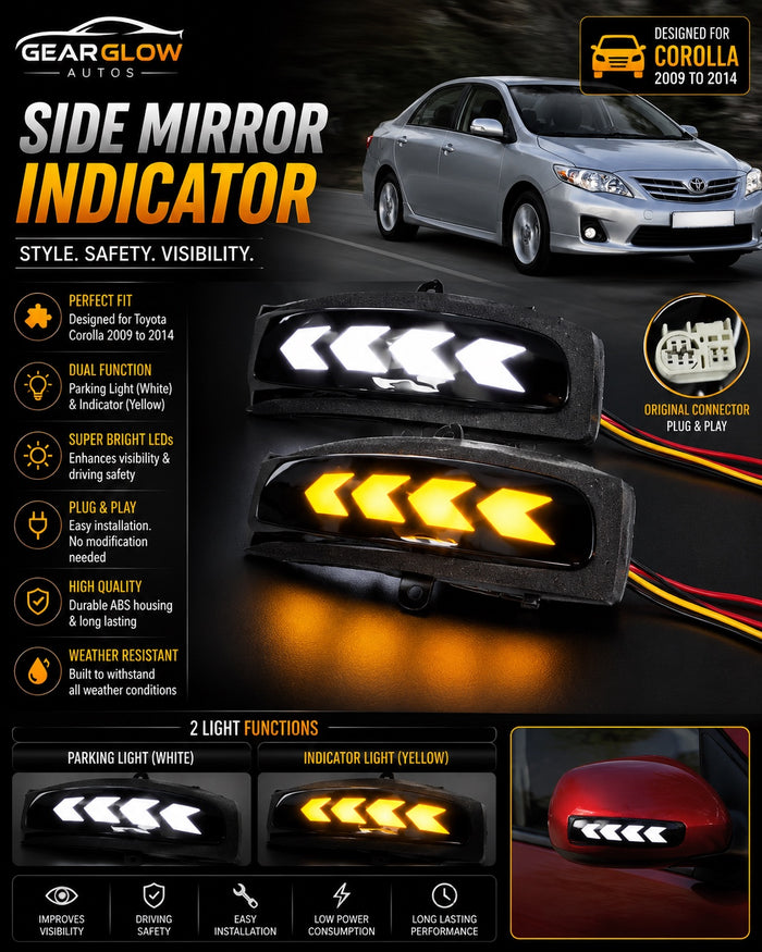Toyota Corolla Side Mirror Indicator Light 2009–2014 – Dual Function White Parking & Yellow Indicator