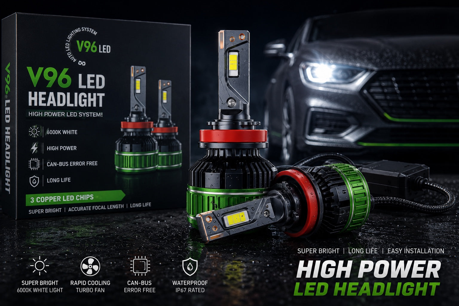 V96 LED Headlight 6000K white light high power waterproof CAN-BUS error free